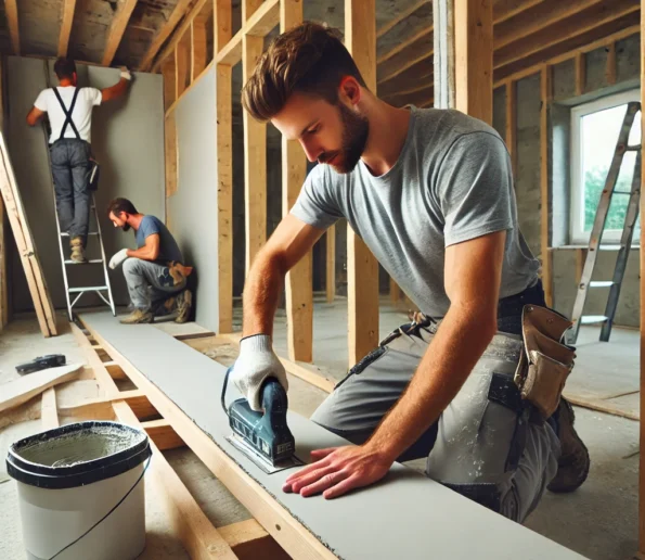DALL·E 2024 10 19 16.06.44 A professional drywall installation scene in progress. Workers are measuring and cutting drywall sheets attaching them to wooden framing using tools  595x516